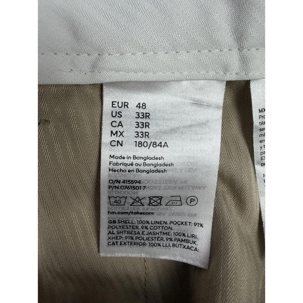 H&M Pants Mens 33x28 Beige 100% Linen Slim Straight Leg Lightweight Dress